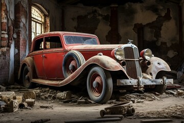 Classic car discovered in old building. Generative AI