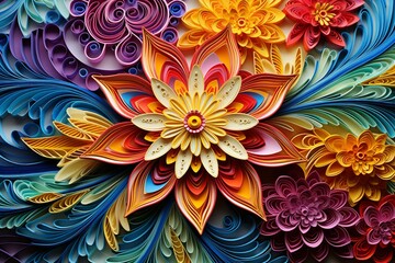 Multicolored paper art created using quilling technique. Generative AI