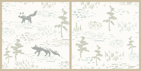 Foxes forest seamless pattern. Hand drawn meadow landscape. Woodland vector