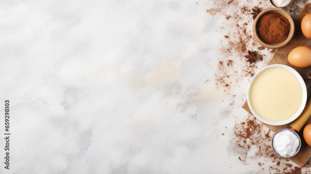 Poster baking background with ingredients and utensil on marble table