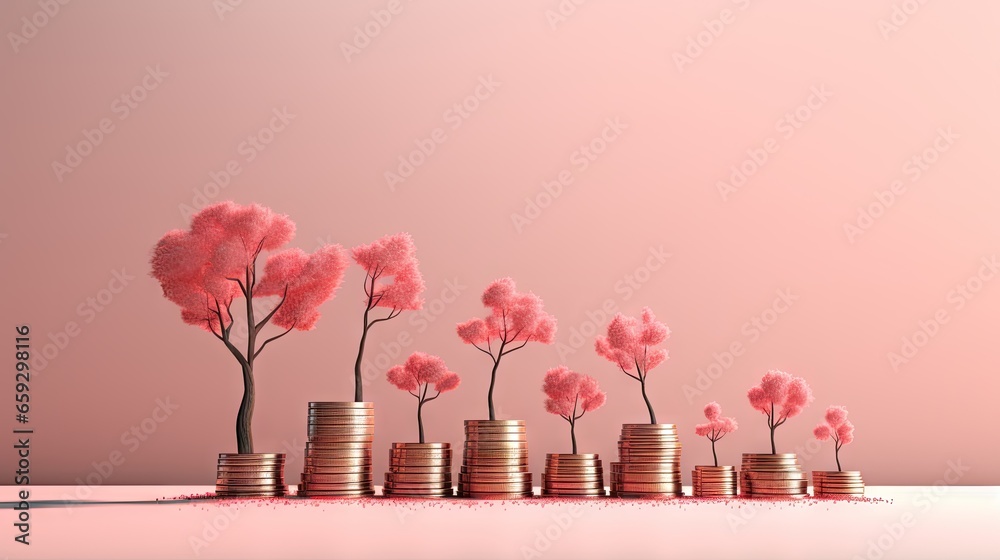 Aufkleber coin stacks with growing trees on a pink background representing business investment and saving mone