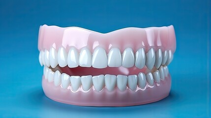 Blue plastic model of teeth gums and jaw on a clean background Represents good dental health hygiene and wellness Dental care orthodontics and oral health