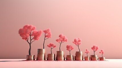 Coin stacks with growing trees on a pink background representing business investment and saving money