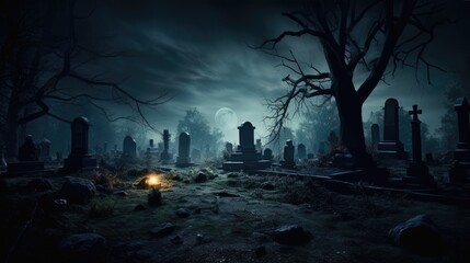 Dark graveyard with vintage headstone illustration