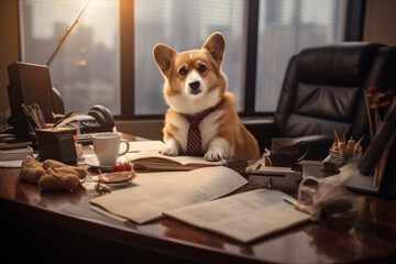 Cute and funny dog impersonating business person, working in the office - obrazy, fototapety, plakaty