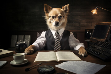 Cute and funny dog impersonating business person, working in the office