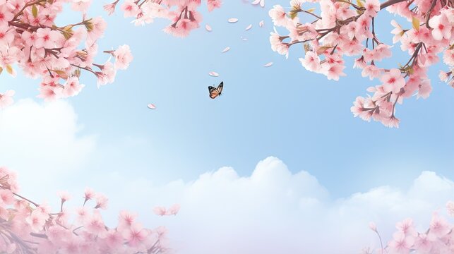 Cherry branches with blossoms against blue sky butterflies in nature Pink sakura flowers dreamy spring image landscape panorama Copy space