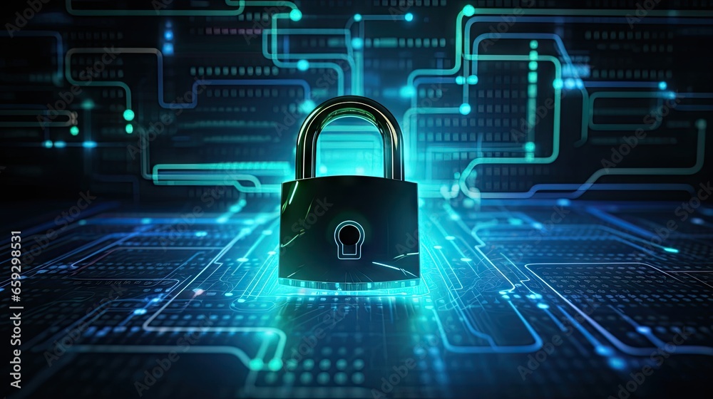 Poster data protection and privacy concept illustrated by a padlock icon on a hi tech background