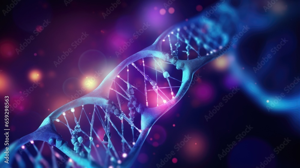 Poster abstract scientific illustration depicting genetic engineering and gene manipulation with dna struct