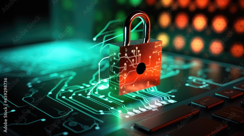 Poster Computer keyboard secured with a padlock for network and data protection