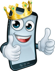 Mobile Phone King Crown Thumbs Up Cartoon Mascot