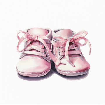 Sketch of light pink shoes for a newborn girl, watercolor drawing, white background, pastel colors. Close-up. Copy space.