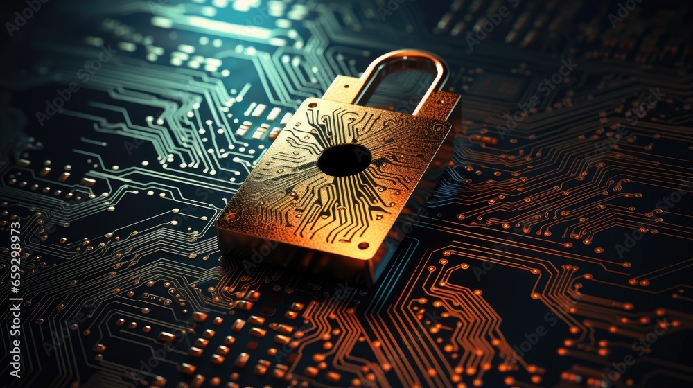 Poster Digital representation of a padlock and keyhole on a circuit board