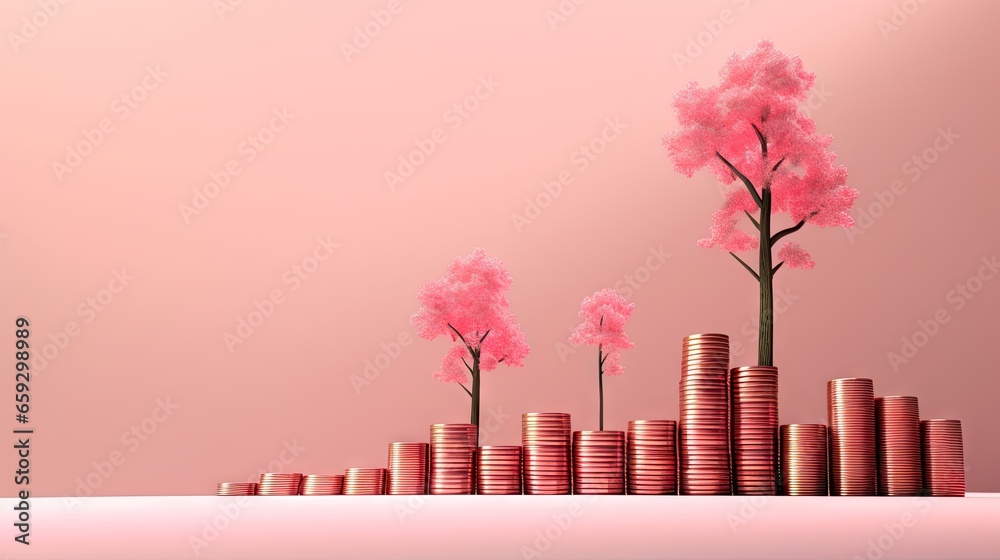 Aufkleber coin stacks with growing trees on a pink background representing business investment and saving mone