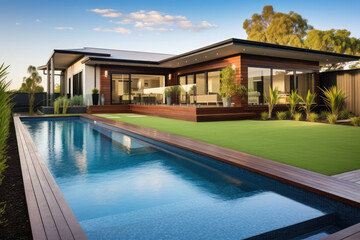 Fototapeta na wymiar aerial view of A contemporary Australian home with a big grass yard and a pool