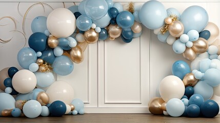 Autumn themed wedding reception with arch balloons and photo wall decoration in beige brown and blue Celebratory baptism and birthday party concept