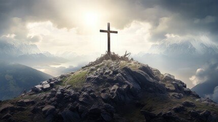 Christianity celebrates the resurrection of Jesus at Easter symbolized by a cross on a mountain embodying faith and spirituality