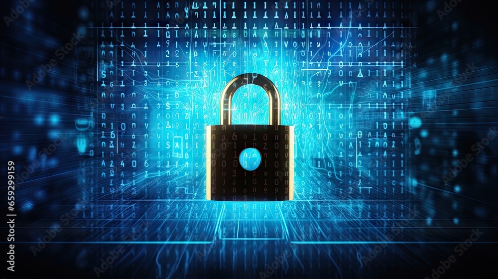 Poster data protection and privacy concept illustrated by a padlock icon on a hi tech background