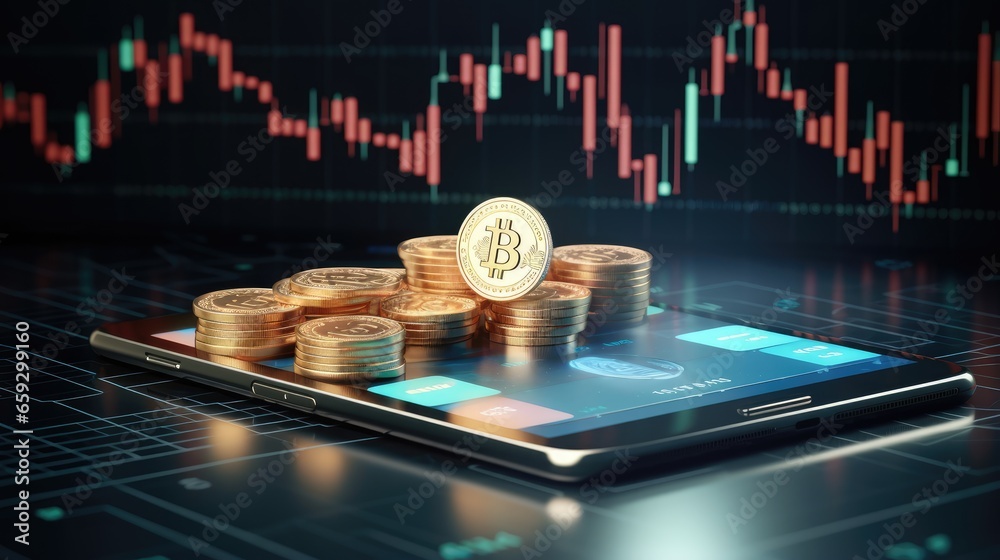 Aufkleber bitcoin trading on smartphone and stock exchange data investment concept rendered 3d illustration on