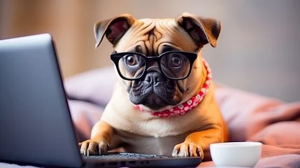 Rolgordijnen Cute dog in front of laptop exploring online world © vxnaghiyev