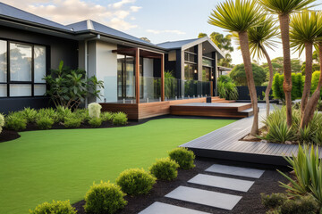 Fototapeta na wymiar aerial view of A contemporary Australian home with a big grass yard