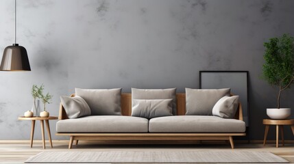 Fototapeta na wymiar Beautiful living room with gray Scandinavian sofa wooden furniture and decorative pillows