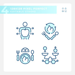 2D pixel perfect blue icons collection representing metabolic health, editable thin line illustration.