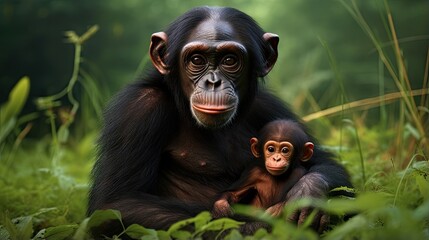 Bonobo mother and baby in Congo Africa