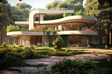 House with garden and park, summer arrival in architectural structure. Generative AI