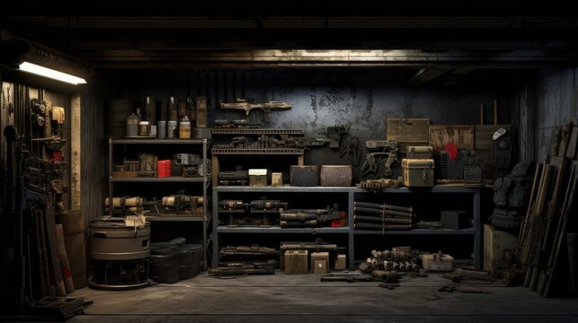 Different weapons and military gear stored downstairs