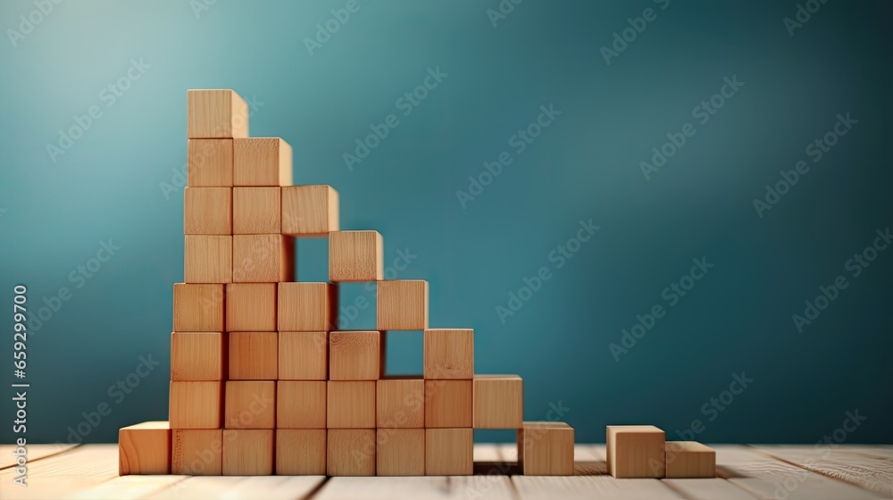 Poster Ascendant arrow hitting large target icon above wooden block graphs on blue backdrop symbolizing investment income inflation growth success and business objectives