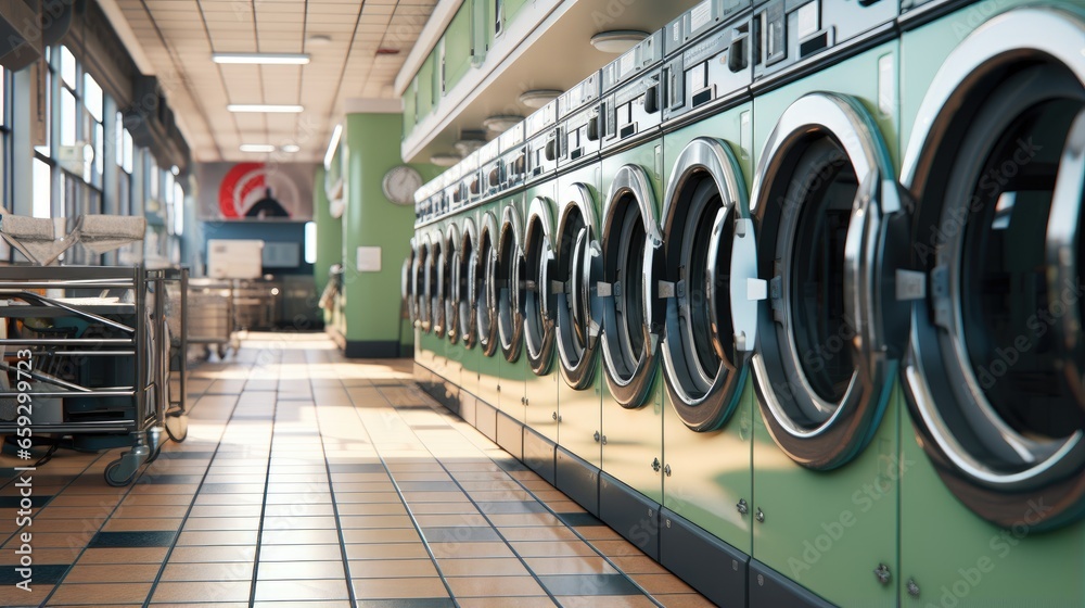 Poster array of industrial washers in the vast laundromat