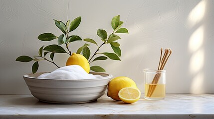 Cleaning supplies on table soda brush lemons eucalyptus branch