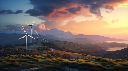 A sustainable wind farm in the Italian mountains generates clean energy during sunset benefiting the environment