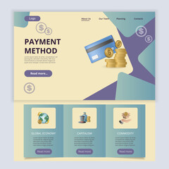 Fototapeta premium Payment method flat landing page website template. Global economy, capitalism, commodity. Web banner with header, content and footer. Vector illustration.