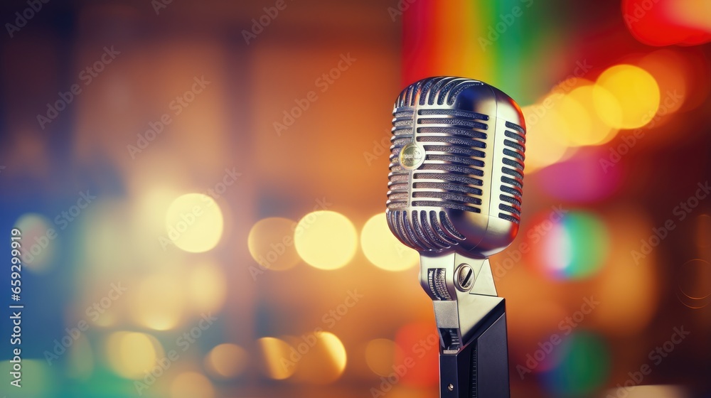 Poster blurry colorful lighting in the background of a pub and restaurant with a retro microphone