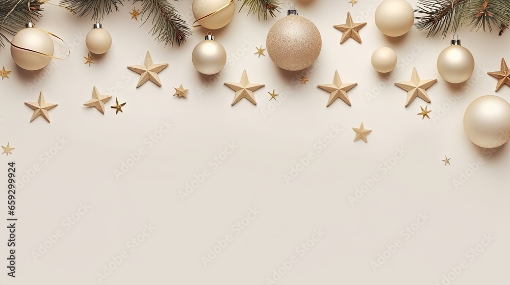 Poster boho christmas banner design with balls stars fir branches on beige background flat lay top view spa