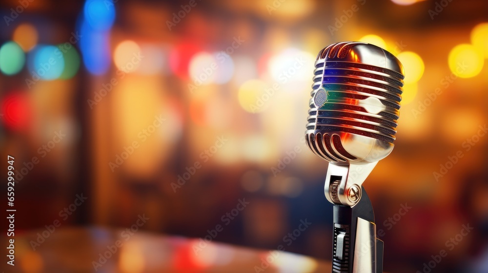Poster blurry colorful lighting in the background of a pub and restaurant with a retro microphone