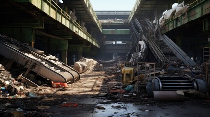 Conveyors transport waste and empty platforms at recycling facility