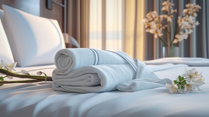Cozy elegant hotel room with a welcoming white towel and flower near the pillows of a bed with white sheets