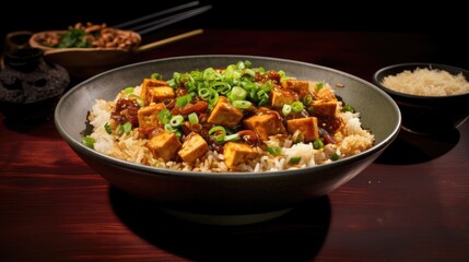 Asian Chinese vegan dish with tofu mushrooms and rice
