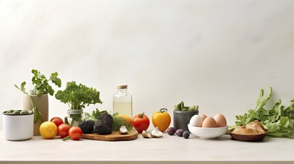 Arranged fruits vegetables and eggs on white table in kitchen healthy vegetarian food background...