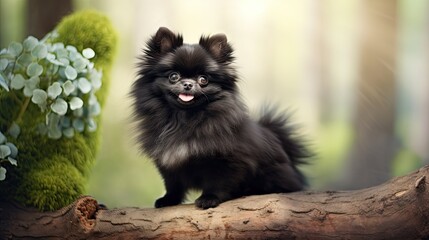 Cute pet dog sitting on marble table with blurred tree background