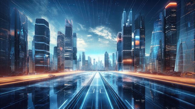 Concept of a futuristic digital city illustrated by a wide image for promotions