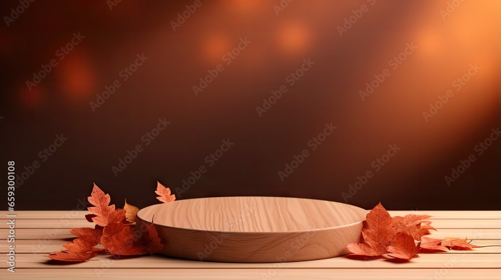 Poster autumn themed cosmetic display on wooden platform with 3d background and copy space