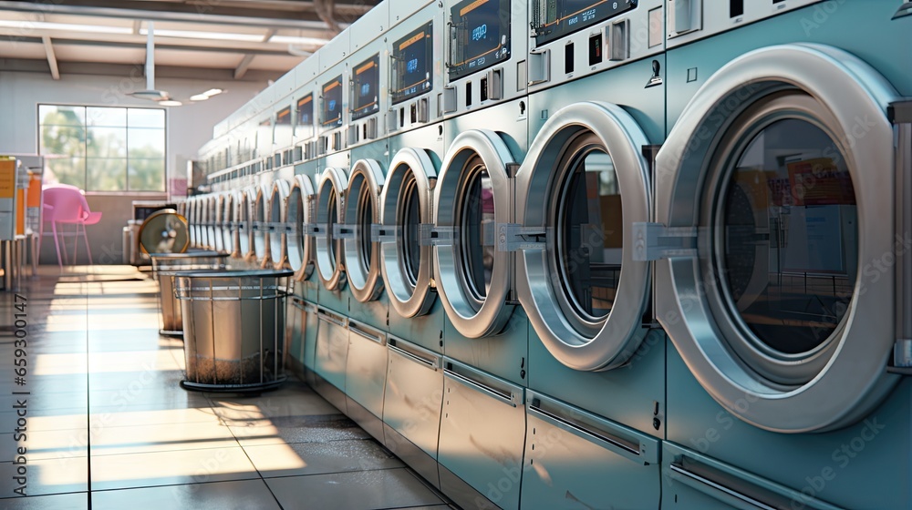 Poster array of industrial washers in the vast laundromat