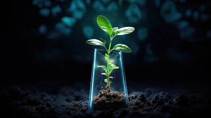 Biotechnology concept plant germination illustration on dark background with glowing sprout in test tube
