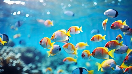 Colorful underwater world with coral reef a vibrant shoal of tropical fish ideal as background wallpaper with space for text