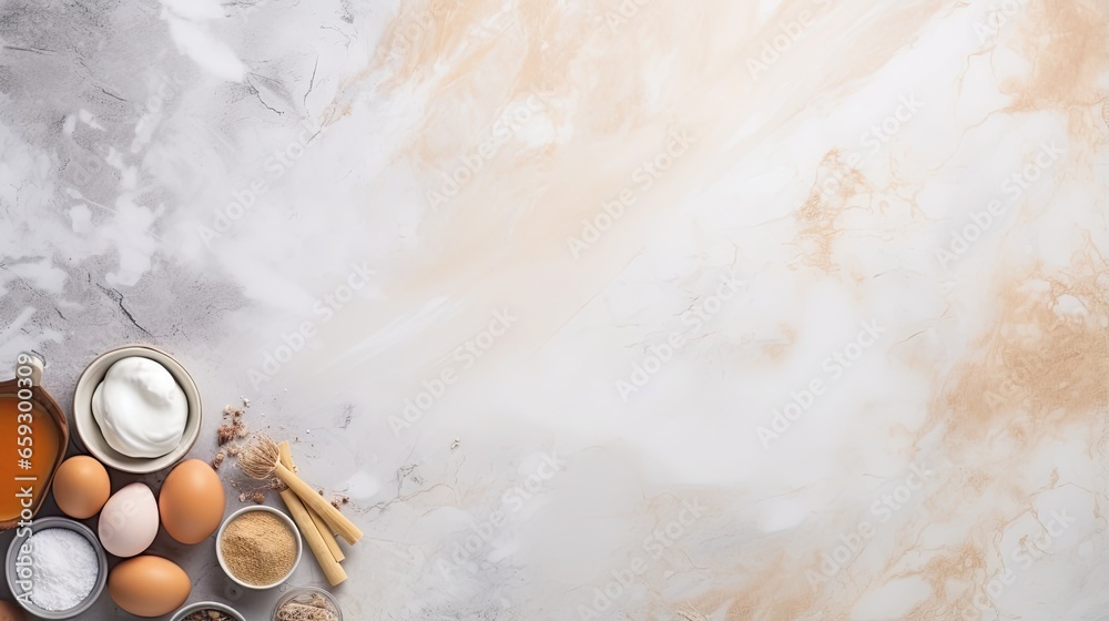 Poster baking background with ingredients and utensil on marble table