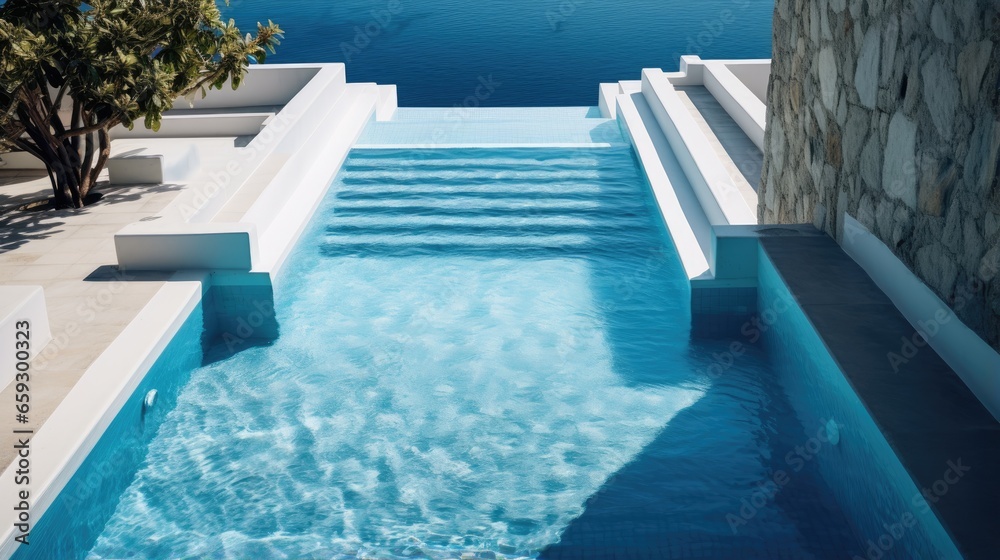 Poster Bird s eye view of rectangular pool with transparent water stairs and cobblestone poolside